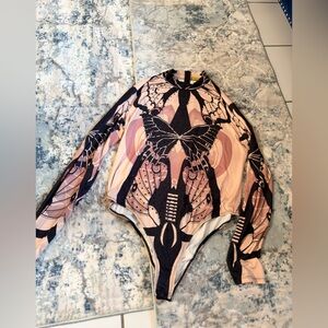 Butterfly Print Long Sleeve Bodysuit in Blush & Black